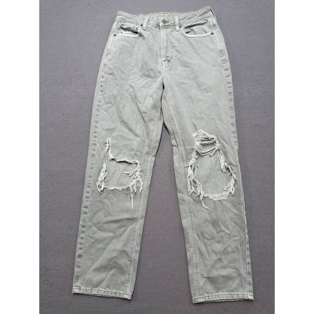 American Eagle Mom Jeans Womens 6 Green Light Wash Straight High Rise Distressed